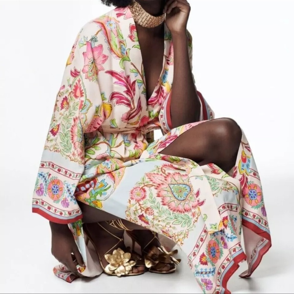 Zara floral white red kimono blogger‎ robe duster jacket size S New with Tags 🟢 - Picture 4 of 12